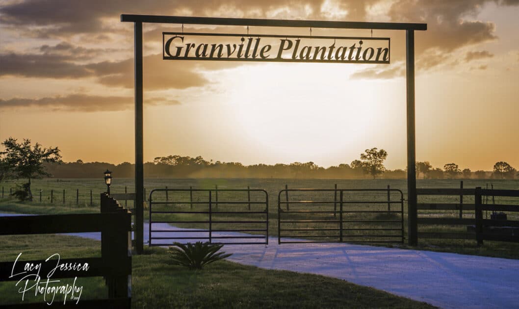 A sunset view of Granville Plantation's entrance