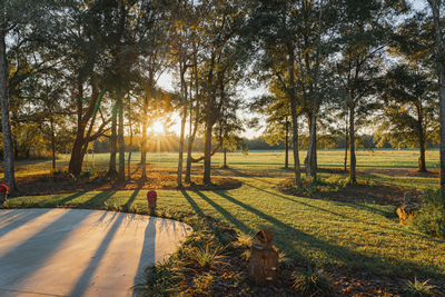 A view overlooking a concrete patio into a wooded area